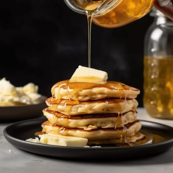 Pancakes with butter and honey on a dark background - close-up