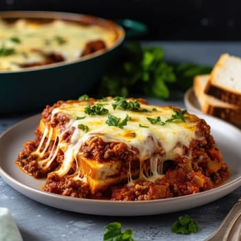 Traditional lasagna bolognese on a gray plate