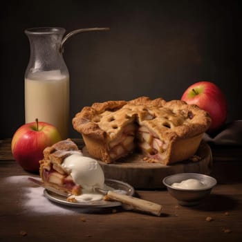 Homemade apple pie with whipped cream and fresh apples on wooden background