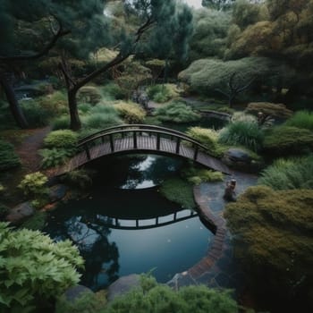 Japanese garden with pond and bridge
