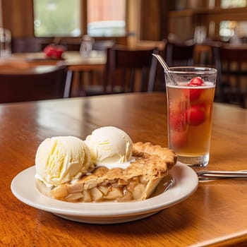 Ice cream with apple pie on a wooden table in a cafe