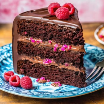 Chocolate cake with raspberries and icing - selective focus