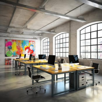 Interior of modern open space office with gray walls, concrete floor, and painting on the wall