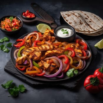 Grilled chicken fillets with bell pepper, onion, tomato and onion