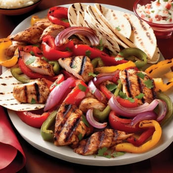 Chicken kebab with vegetables and tortillas on a wooden table