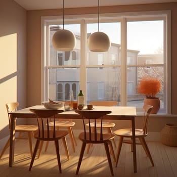 Dining room interior with wooden table and chairs - 3D render