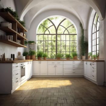 A modern kitchen interior design with arched windows - 3D rendering
