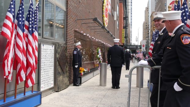 New York City, United States - 11 September 2023: Firefighters celebrate Patriot Day. Guard honoring 911, Memorial wall, FDNY commemorate anniversary. Fire Depart Station, Manhattan 10 Ten Firehouse.