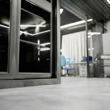 Modern clinical lab interior with concrete flooring, metal cabinet and bright lights in sterile setting. Workstation in blurry background shows blue chair at PC desk and desktop monitors, 3D render