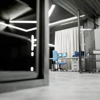 Smart medical lab workstation in background with digital apps on computer screen and research equipment. Modern clinical lab interior with metal cabinet and bright lights in sterile setting, 3D render