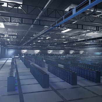 Enterprise server hardware delivering computing capacity for AI, automation tools and neural training. Supercomputers archiving deep learning datasets at scale, aerial shot.