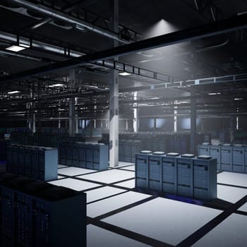 Light shining over blade server racks in dark server room supplying compute power for AI data processing. Deep learning arrays managing training datasets and inference workloads, 3D rendering