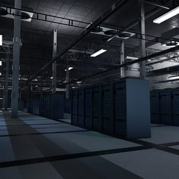 High tech server infrastructure powering artificial intelligence workflows, algorithm training and data inference tasks. Supercomputers supporting neural networks and analytics workloads, 3D render