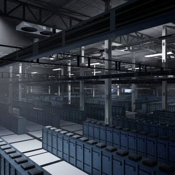 Infrastructure in dark server center supporting large scale analytics, simulations and predictive systems. Server racks storing valuable data assets used in machine learning, 3D rendering