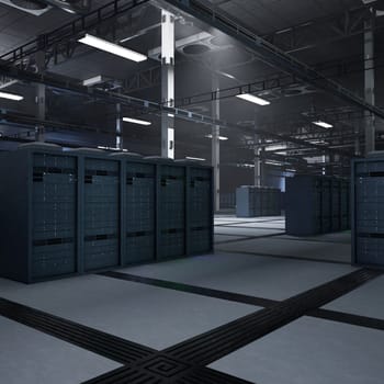 Data center hardware delivering computing power for AI training models and deep learning processes. Rackmounts equipment in dark server farm storing machine learning datasets