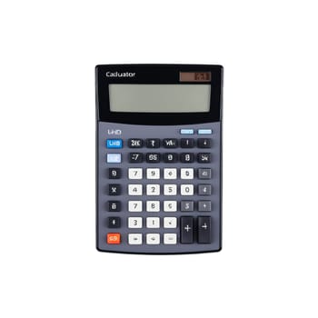 A compact calculator sits on a flat surface, featuring a clear screen and various buttons for calculations. The design is sleek, making it suitable for both students and professionals.