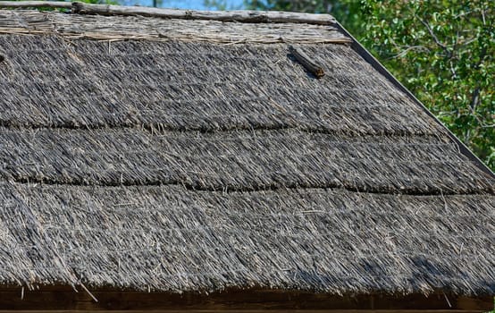 Traditional thatched roof made from natural straw or reed. Rustic detail of an old building