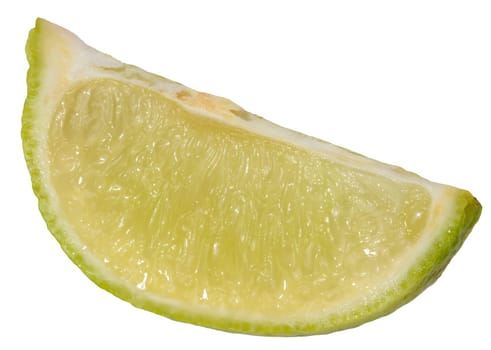Close-up of a fresh lime wedge with juicy pulp and a bright green peel, isolated background