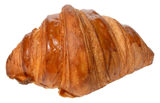 Appetizing, golden brown croissant with a glossy surface. Isolated background
