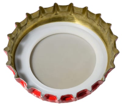 Inner side of a red metal beer cap with a white plastic liner. Top view, isolated background