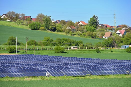 Technology solar cell. Solar panels on the sky background. Power plant. Alternative source of electricity. Solar farm.