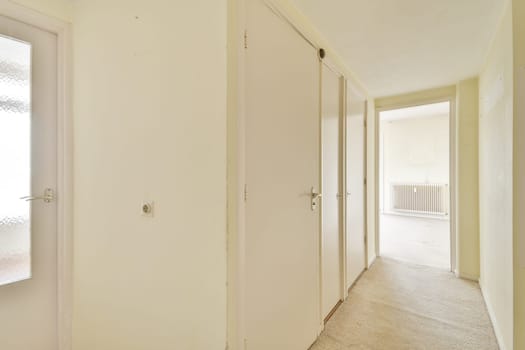 This image showcases a spacious and minimalist interior hallway with light-colored walls and doors, emphasizing simplicity and elegance.