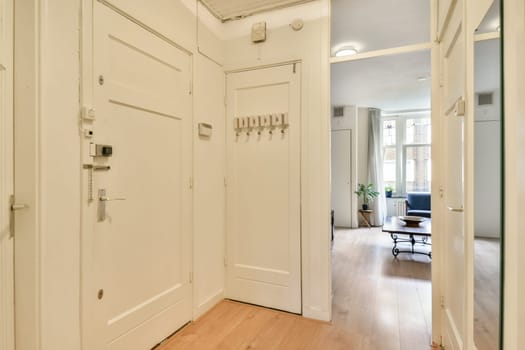 A stylish modern hallway featuring white walls, wooden flooring, and an inviting atmosphere. The open layout leads to a cozy living space.