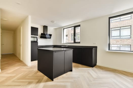 A contemporary kitchen featuring sleek black cabinetry and an open layout, illuminated by natural light from large windows.