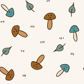 Hand drawn seamless pattern with beige brown forest wood mushrooms. Woodland minimalist toadstool wild fungus fungi, nature poisonous plant organic season. Gender neutral nursery design