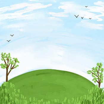 Hand drawn illustration of nature park landscape with green grass blue sky birds. Garden outdoor field design, Clean calm print with emptry space, summer spring meadow lawn backyard, square view art