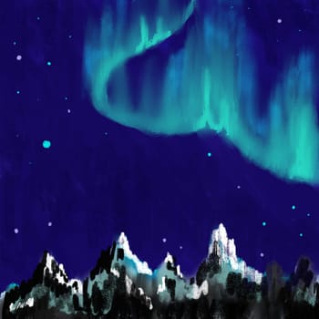 Hand drawn oil painting illustration of aurora borealis northern lights. Blue green winter artic phenomenon, silhouette standing dark black mountains, natural space sky north nature, norway
