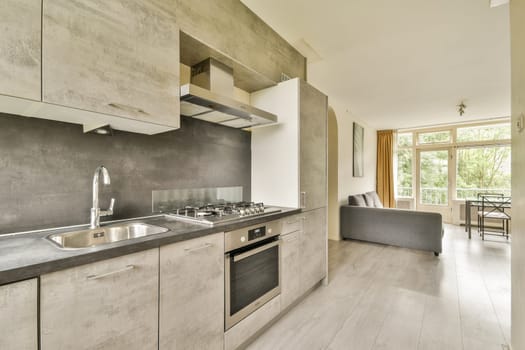 Stylish modern kitchen featuring sleek cabinets, stainless steel appliances, and an open layout that seamlessly connects to a living area with natural light.