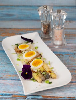 Baked asparagus with boiled egg in big white plate on blue background. High quality photo