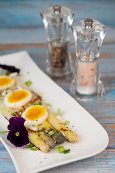 Baked asparagus with boiled egg in big white plate on blue background. High quality photo