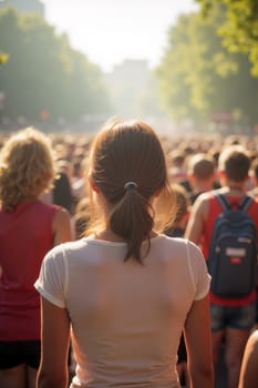 A large crowd fills the streets of a city in the afternoon. People of various ages gather for a communal event under clear skies. Generative AI.