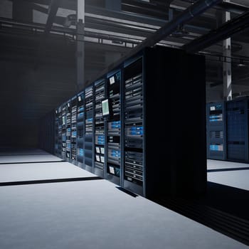 Server farm equipment managing computing loads essential for big data analysis, prediction models and automation. Supercomputers handling operational datasets for diagnostics and optimization