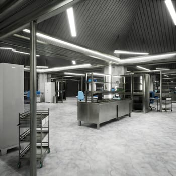 High tech laboratory interior with clean surfaces, bright lights and structured layout designed for scientific innovation. Modern industrial research lab with metal tables, storage racks