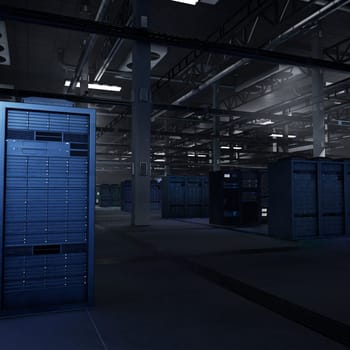 Server clusters enabling AI model development through scalable computing and data intensive operations. Supercomputers maintaining storage for machine learning, 3D render