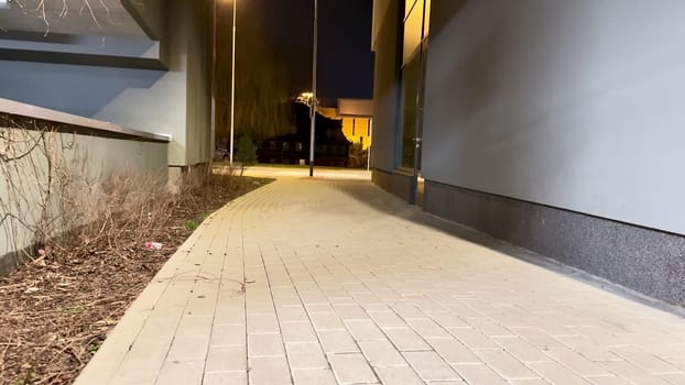 A peaceful nighttime walkway, illuminated by warm lights, showcasing stunning urban architecture in the distance