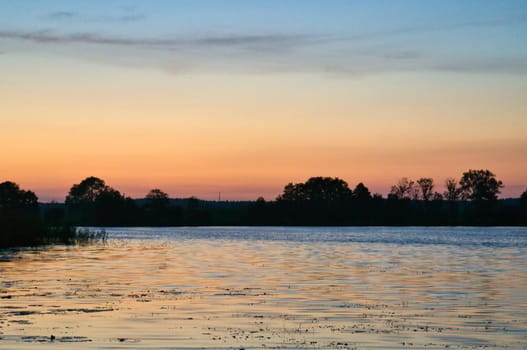 A quiet lake, surrounded by green nature, with gentle waves and blooming flowers in the foreground, under a cloudy sky. Ideal for nature photography.