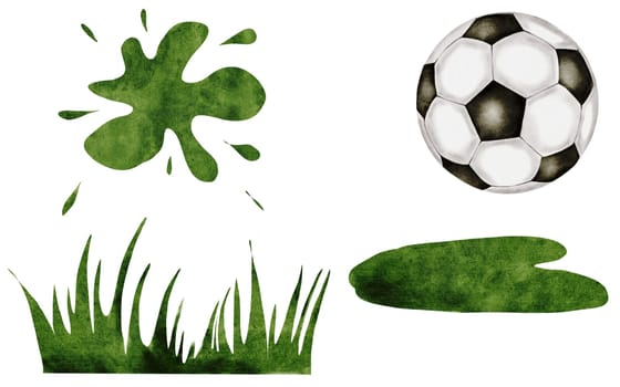 Football watercolor set. Soccer ball and grass and green blot on a white background. Ideal for children's and sports equipment, packaging