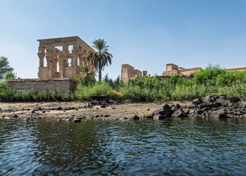 Trajans Kiosk or Pharoahs bed on an island in Aswan Harbor or Reservoir formed by the Low Dam on the Nile