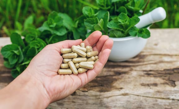 Peppermint extract essential oil and supplements. Selective focus. nature.