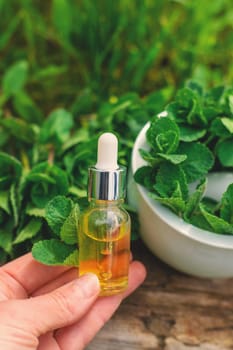 Peppermint extract essential oil and supplements. Selective focus. nature.