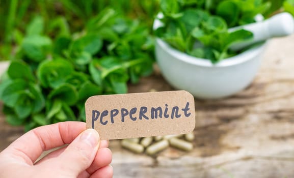 Peppermint extract essential oil and supplements. Selective focus. nature.
