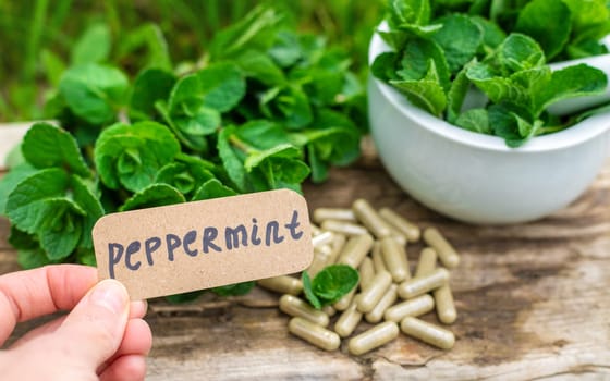 Peppermint extract essential oil and supplements. Selective focus. nature.