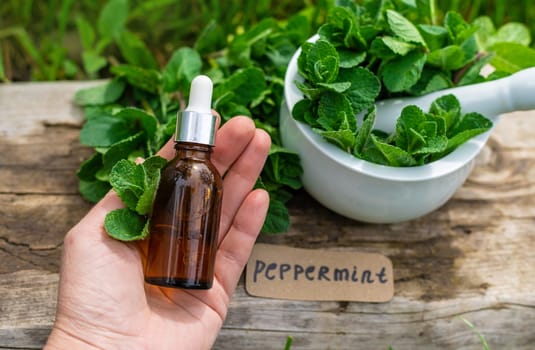 Peppermint extract essential oil and supplements. Selective focus. nature.