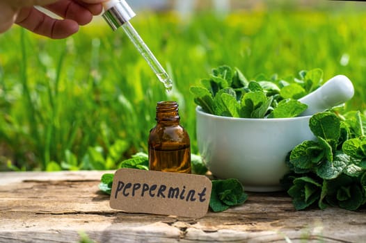 Peppermint extract essential oil and supplements. Selective focus. nature.