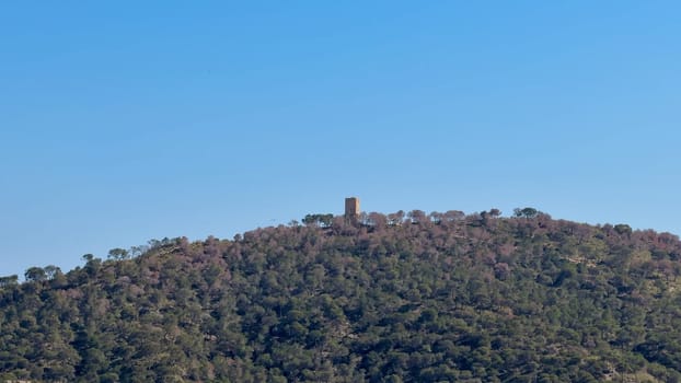 A captivating landscape featuring a hilltop tower surrounded by lush greenery under a clear blue sky.