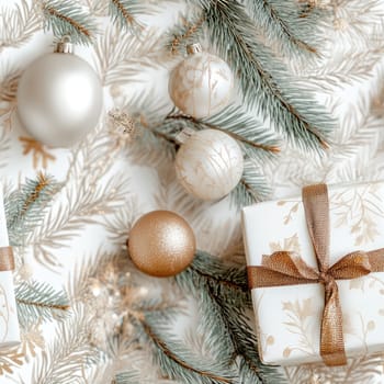 A decorative Christmas gift box sits among sparkling ornaments and lush fir branches, creating a warm and inviting holiday atmosphere perfect for celebration and joy.